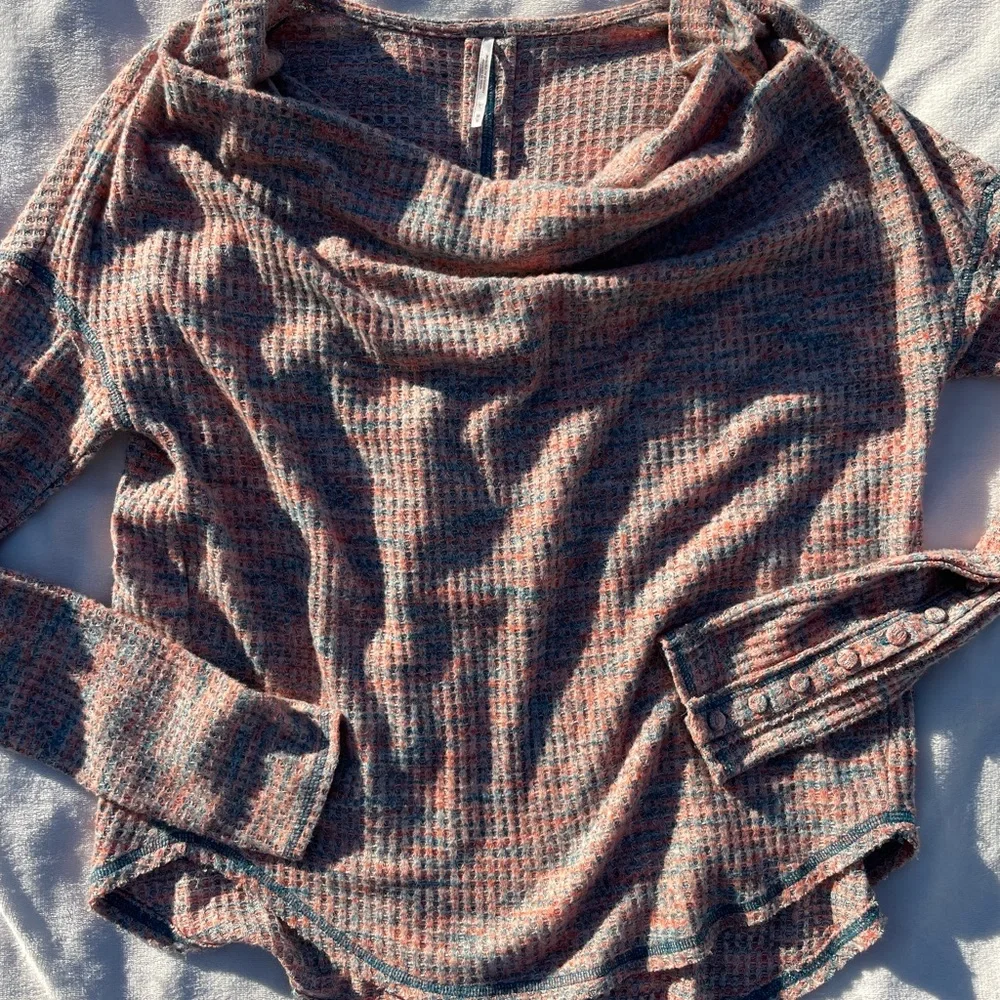 Free People Waffle Brushed Knit Sweater Orange and Teal Blue with Button Sleeves